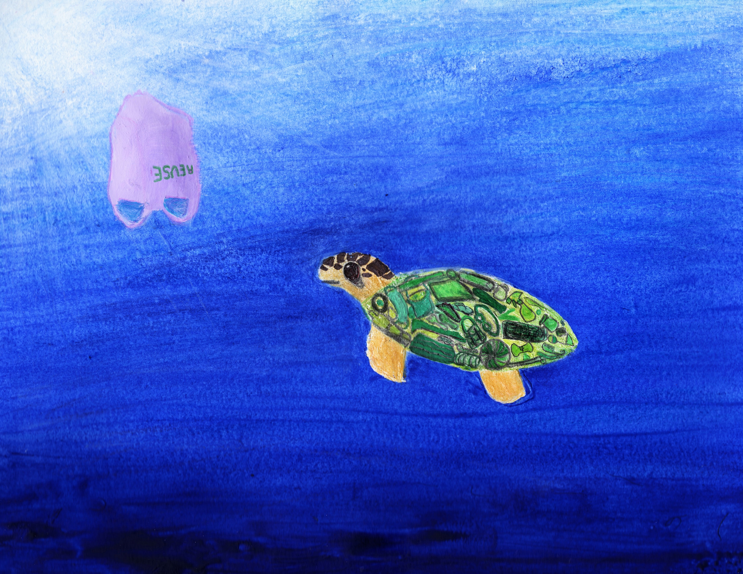 A sea turtle with a collage of debris items in its shell looks at a floating plastic bag in the ocean, artwork by Clara G. (Grade 8, California), winner of the NOAA Marine Debris Program Art Contest.