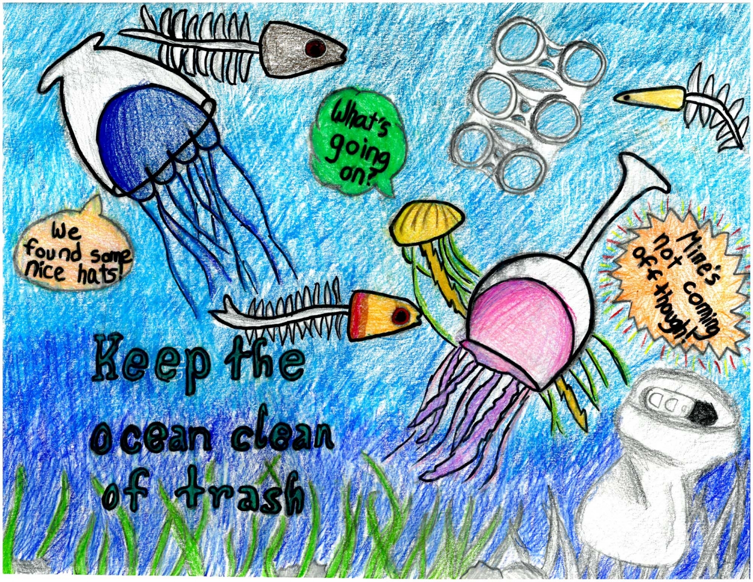 Student artwork featuring jellyfish with glasses on their bells, with text reading Keep the Sea Free of Debris.