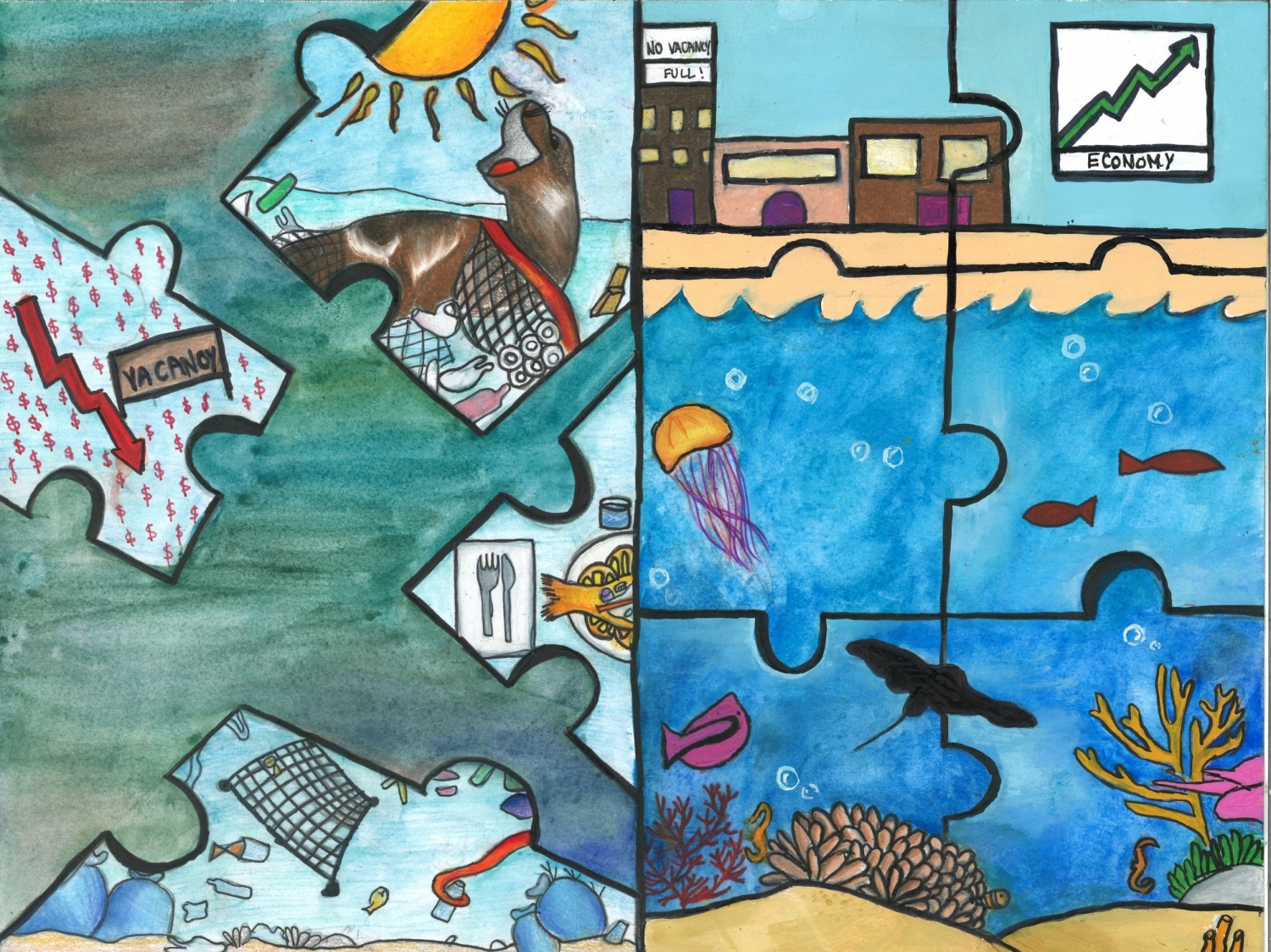 Two halves of a puzzle, one depicting clean seas and one with seas impacted by marine debris, artwork by Trisha G. (Grade 7, Florida), winner of the NOAA Marine Debris Program Art Contest. 