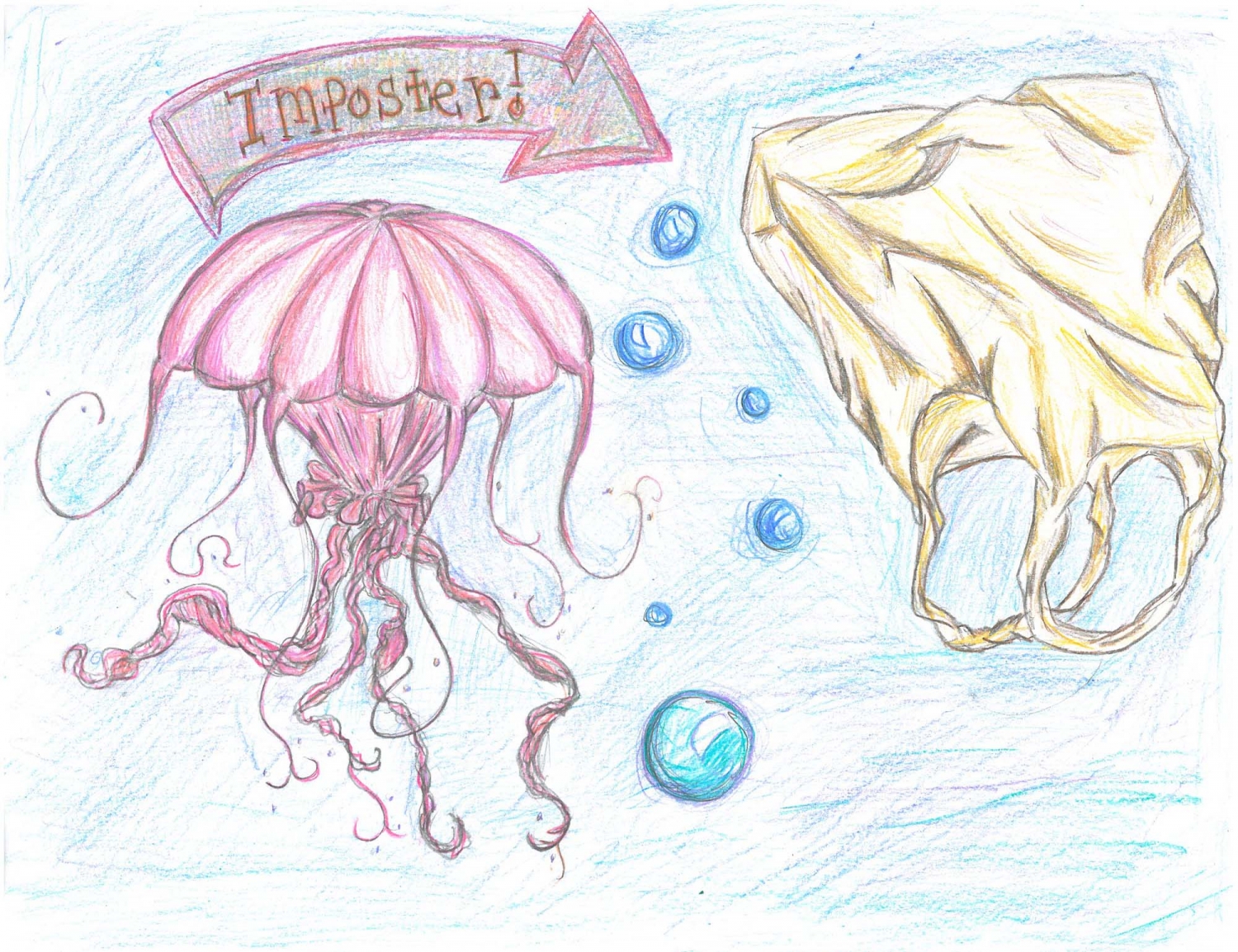 Student artwork featuring a jellyfish next to a plastic bag with text reading 'Imposter!"