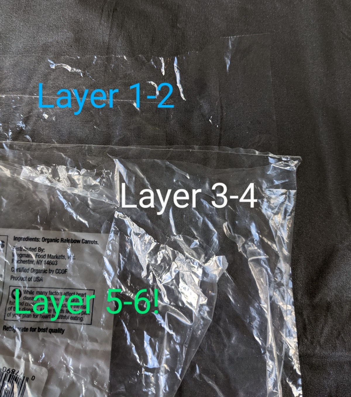 Three plastic bags stacked to make six layers of thin plastic film.