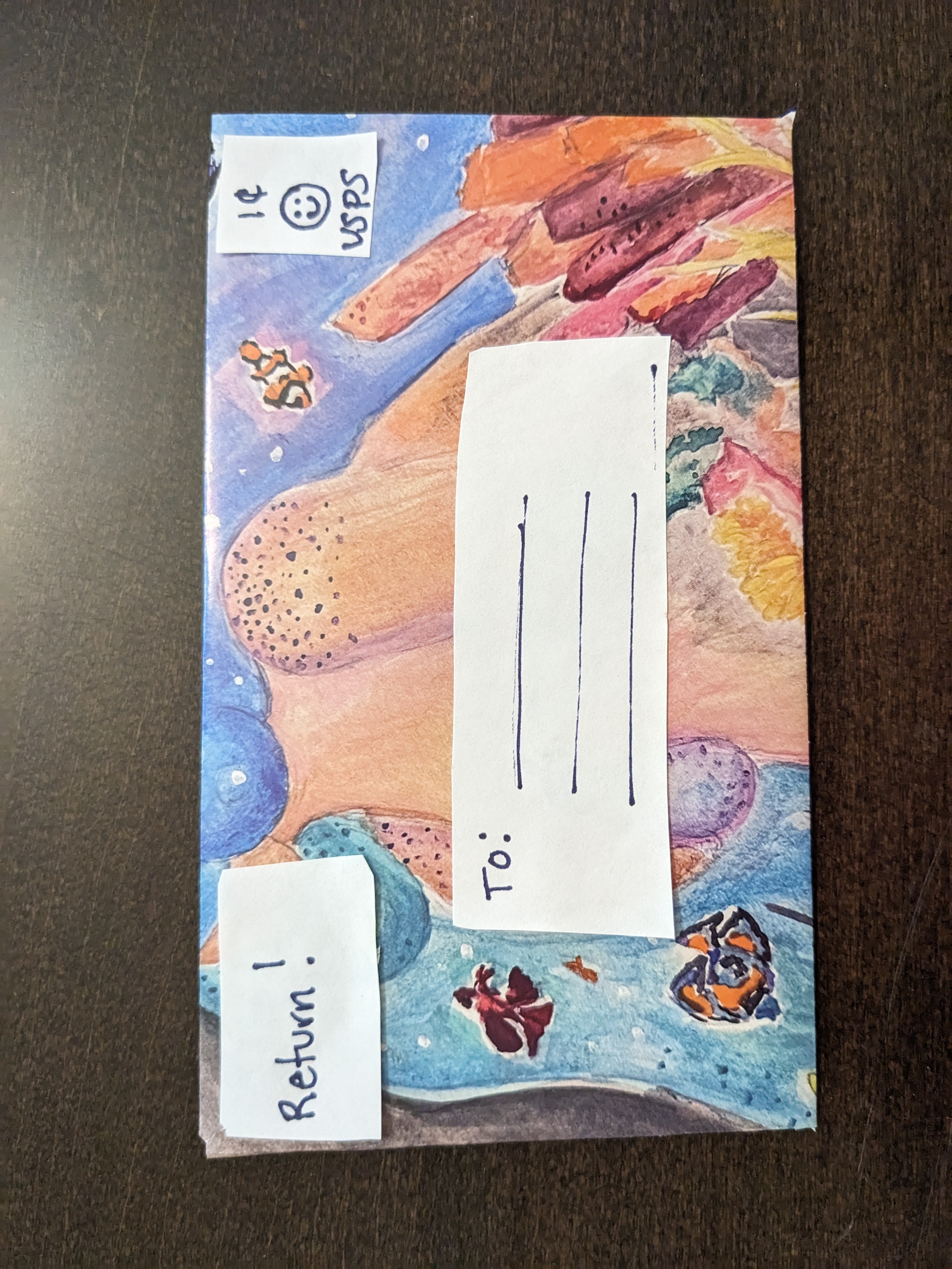 A colorful envelope with an address label.