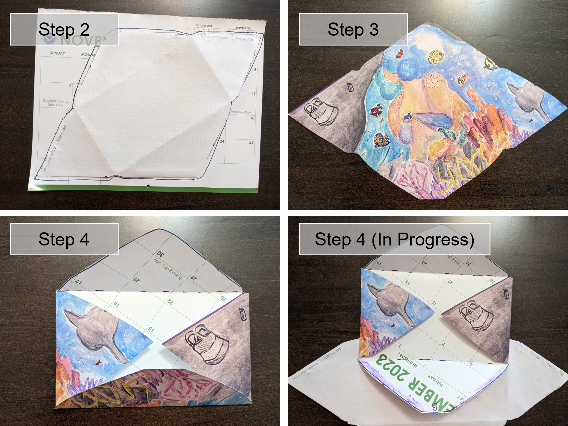 Steps 2-4 of making the calendar into an envelope.