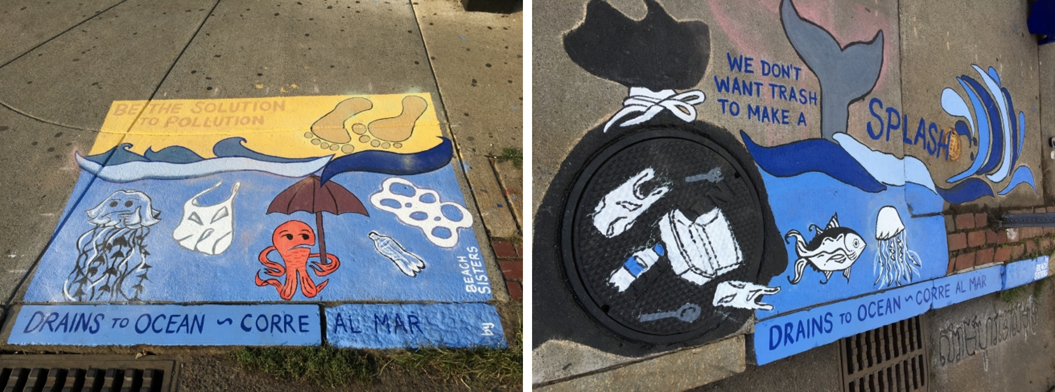 Storm drains painted with colorful images.