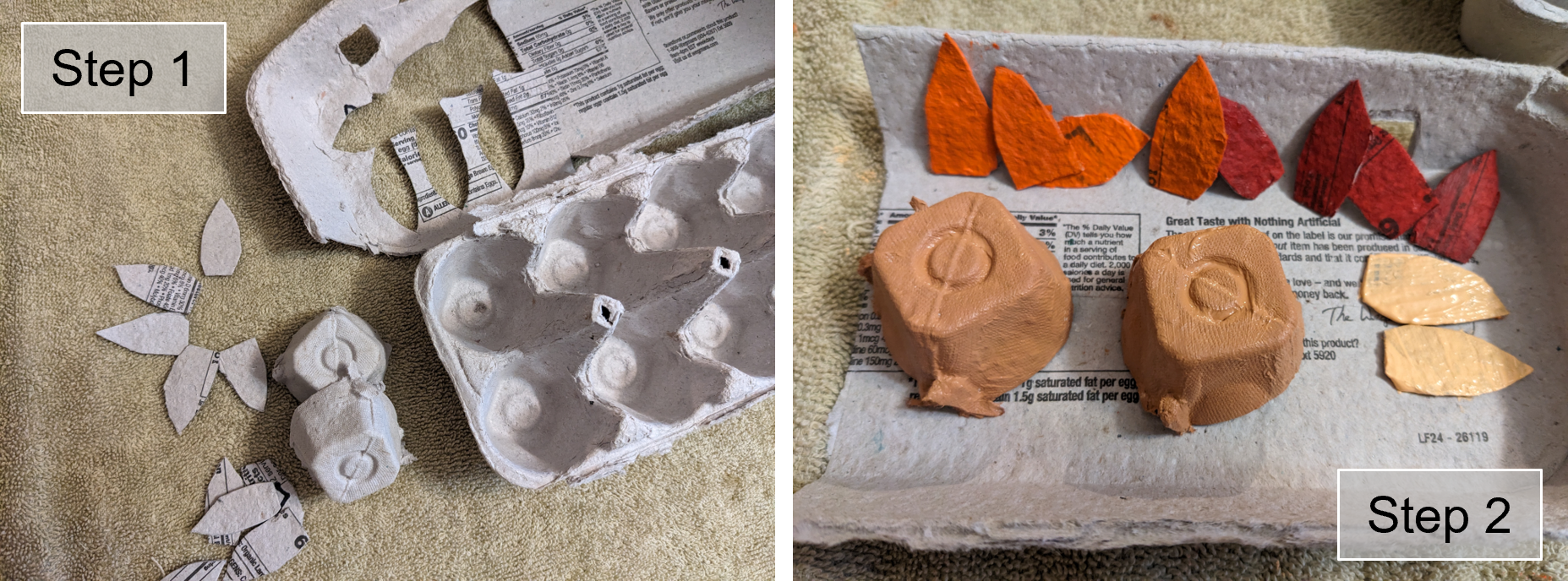 Egg carton pieces in various states of crafting: cut apart, painted, etc.