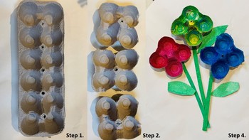 An egg carton has been cut and painted into flowers.
