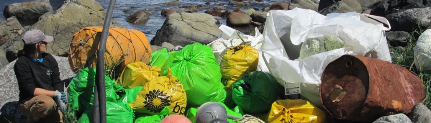 A person next to a large pile of collected marine debris on a rocky shoreline.