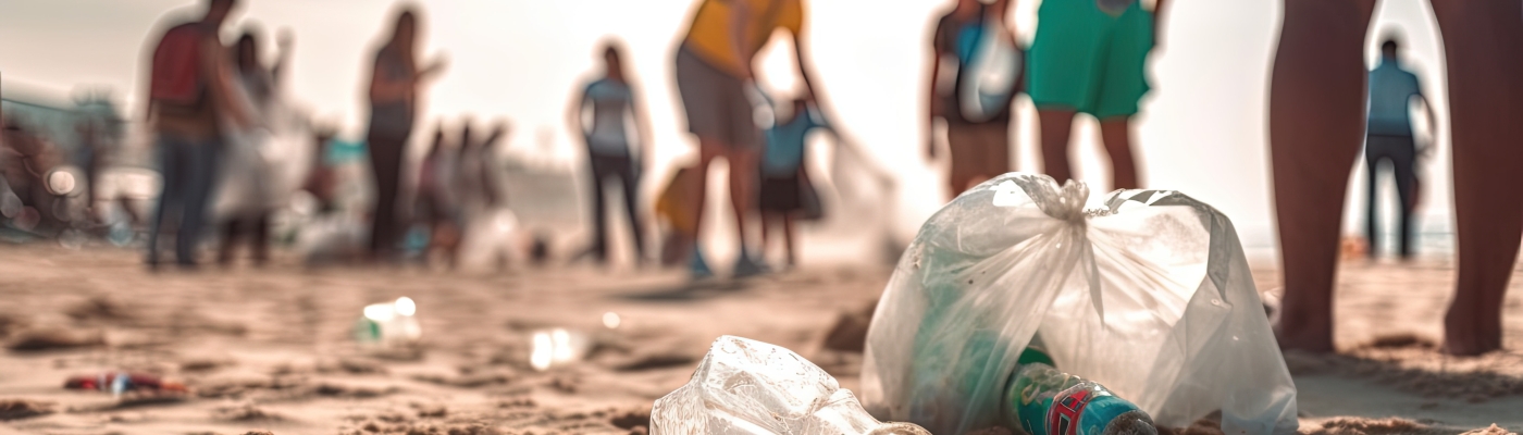 A group of volunteers picking up plastic marine debris on a sandy beach.