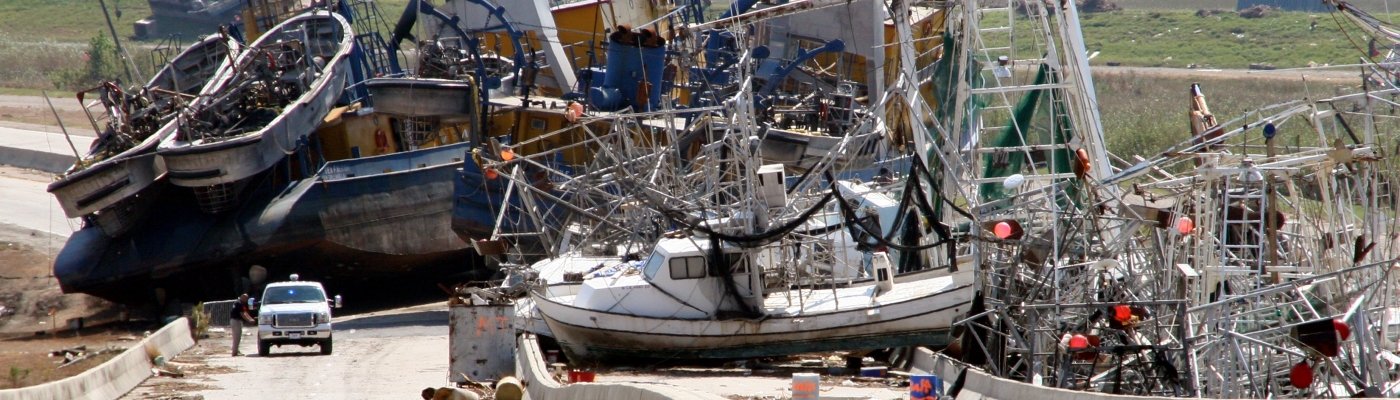 A huge pile-up of vessels after a storm disaster.