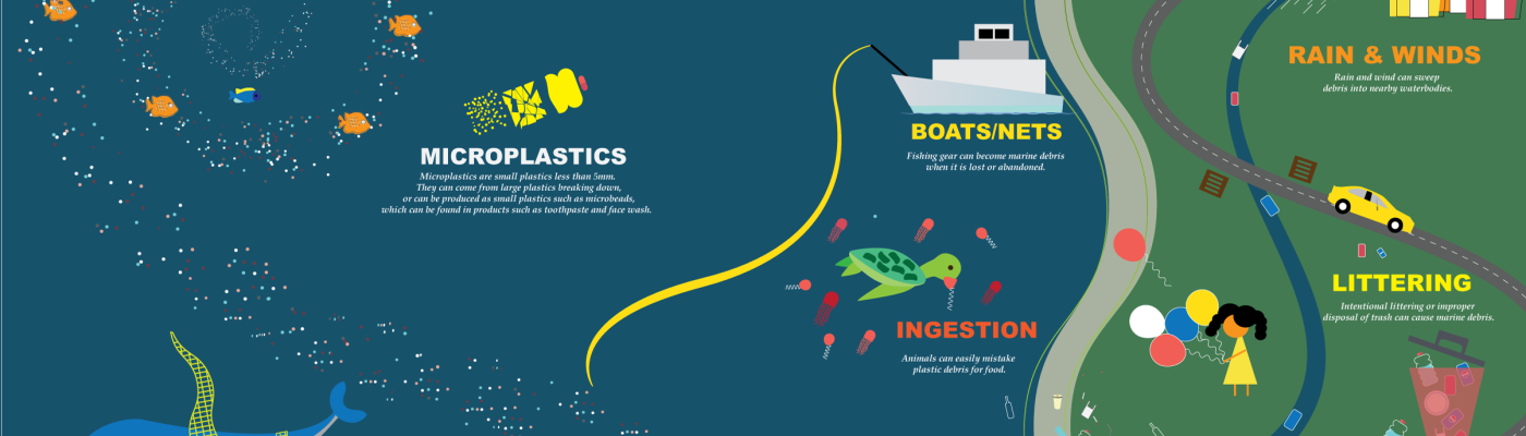 An infographic displaying the types and sources of plastic found in the ocean.
