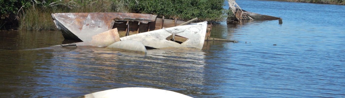 Three abandoned and derelict small vessels partially submerged at the edge of a bay.
