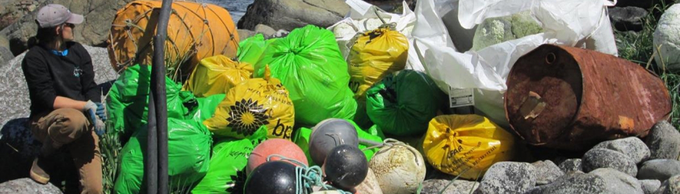 A person next to a large pile of collected marine debris on a rocky shoreline.
