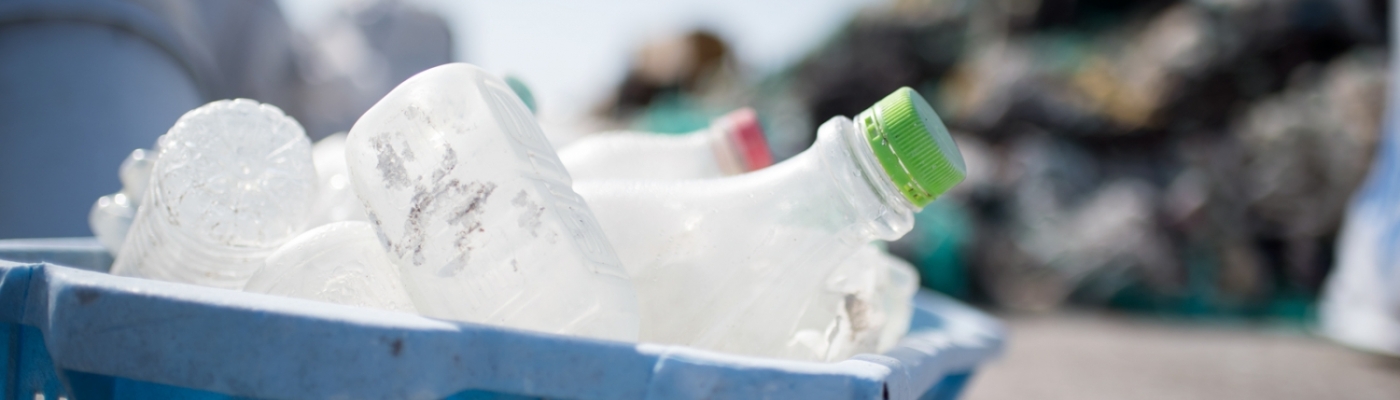 A box full of plastic bottles. 