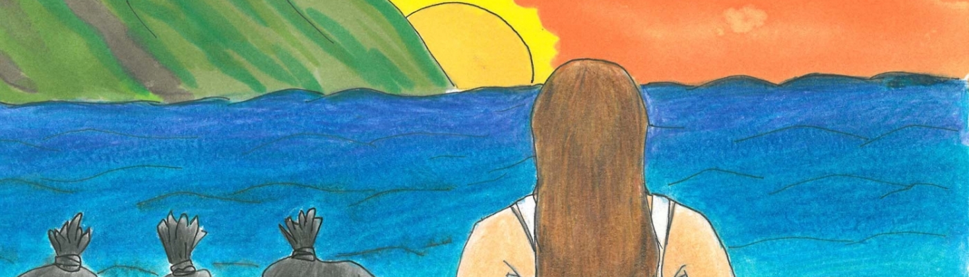 Student artwork of a person looking out over a clean ocean with several trash bags collected beside them and text reading I can make a difference.
