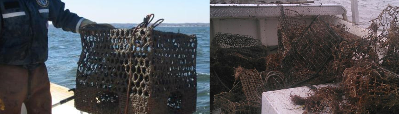 A person holding a derelict crab pot and a pile of derelict crab pots on a boat.