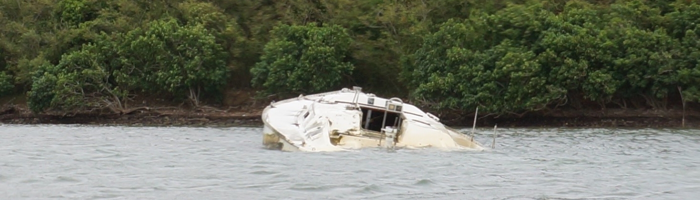 A derelict vessel partially-submerged in water.