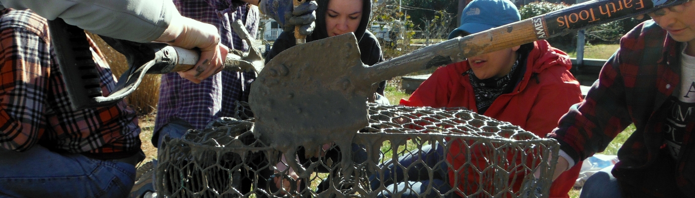 Volunteers re-purposing crab pots.