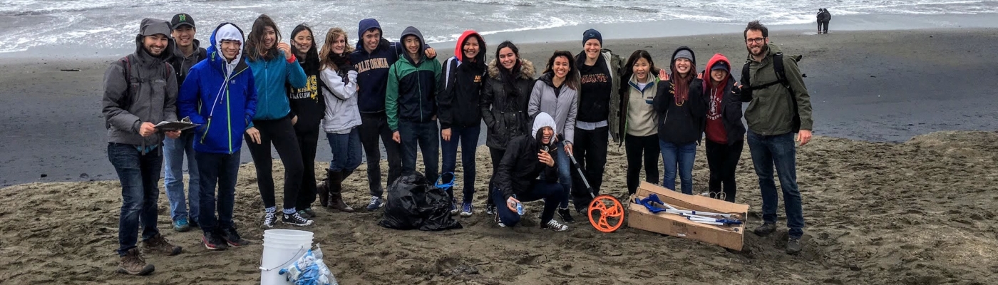 A group of students with monitoring equipment on a beach.