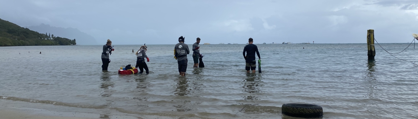 A marine debris removal dive team on the beach, preparing to enter the ocean.