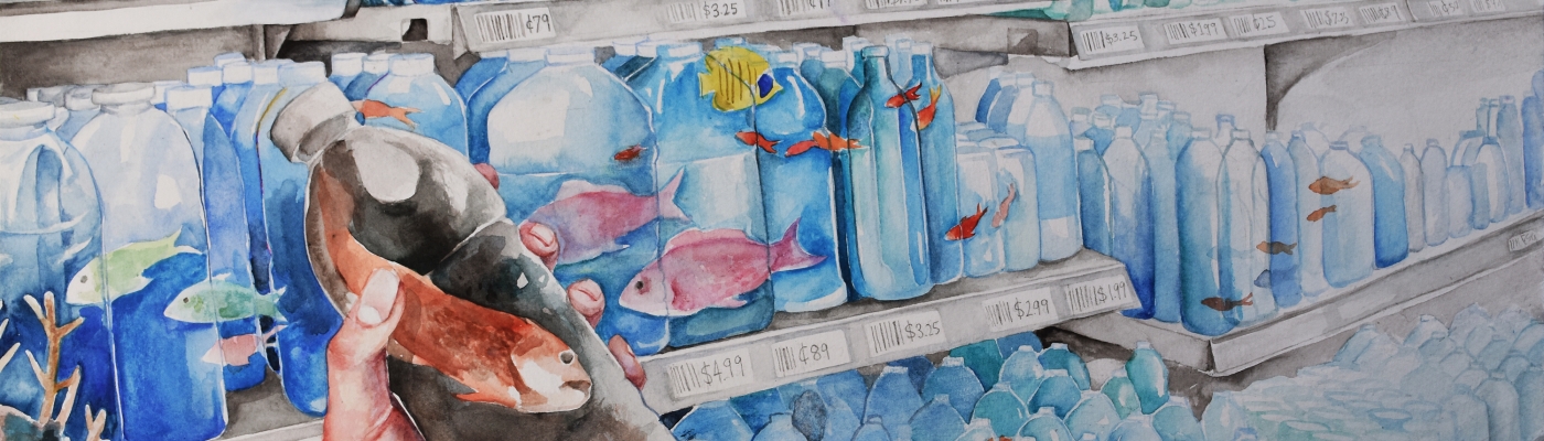 A watercolor painting of plastic bottles on store shelves filled with water and fish. A hand is holding a bottle filled with polluted liquid and a fish.