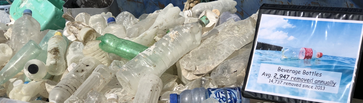 Piles of water bottles removed from the ocean. 