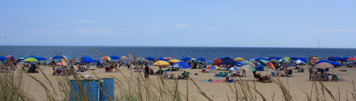 A beach filled with people and umbrellas located in Delaware.