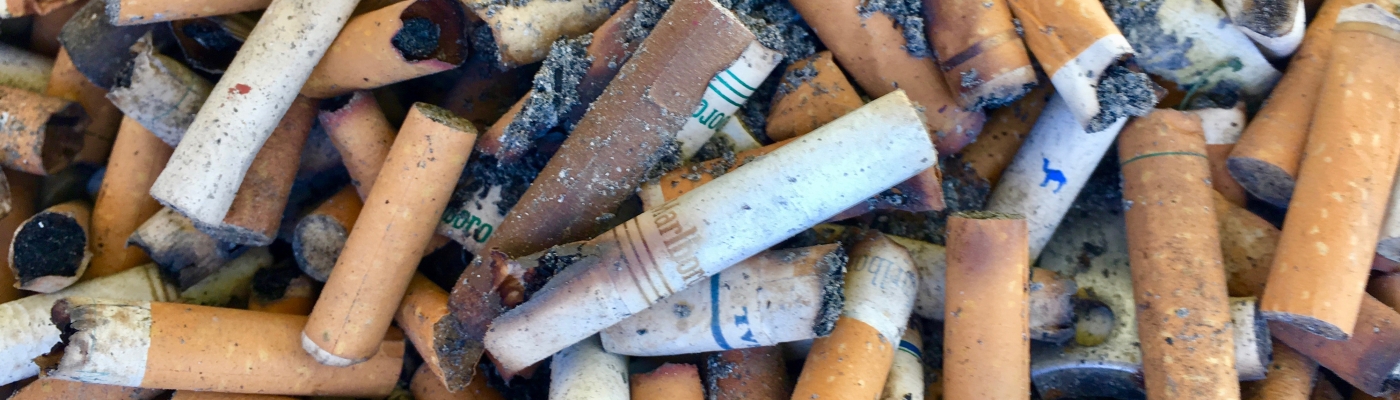 A pile of sandy cigarette butts. 