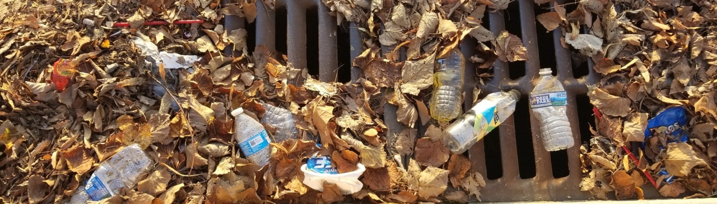 Plastic water bottles and chip bags mixed with leaf litter sit on top of the grate of a storm drain. 