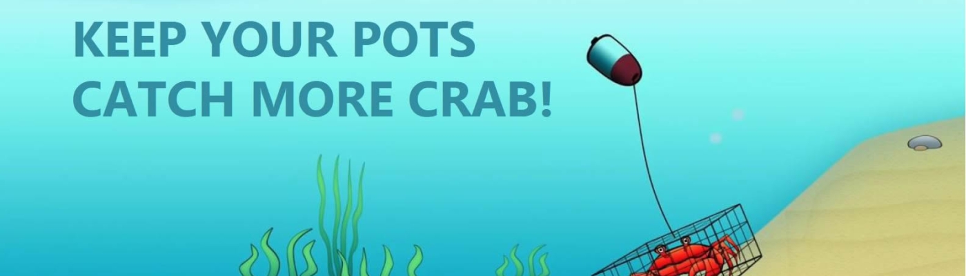 An illustrated image of a crab in a crab pot with the words "keep your pots, catch more crab!".