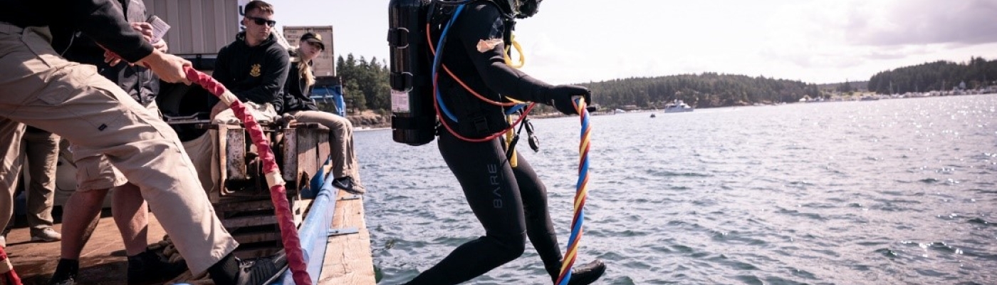 A SCUBA diver jumps off of the side of a boat into the water.