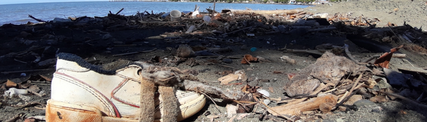 A shoe and other debris scattered on a sandy ocean beach.