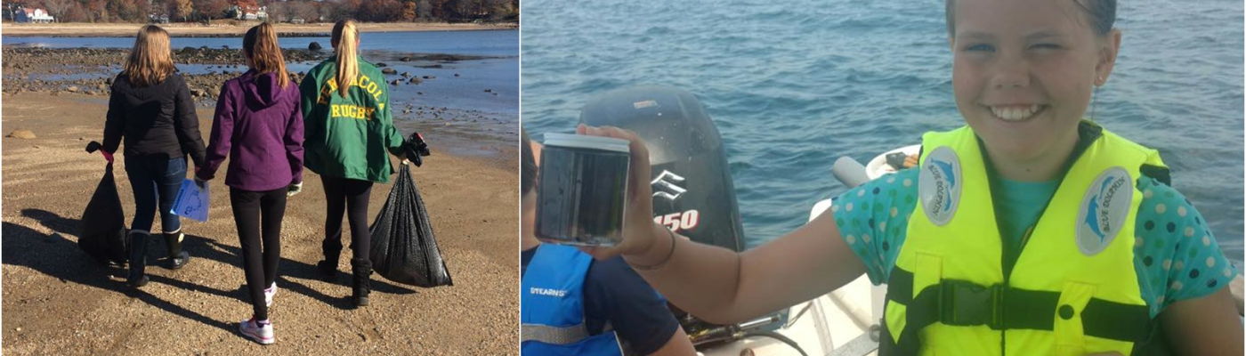 Students on a beach with bags of collected debris and a student on a boat with a surface water sample.