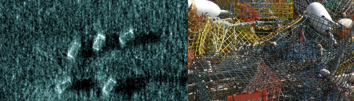 A side-scan sonar image on the left and a photo of derelict lobster pots on the right.