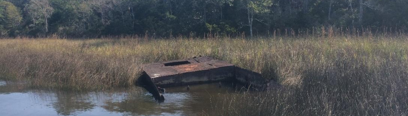 Derelict vessel stuck in marsh. 