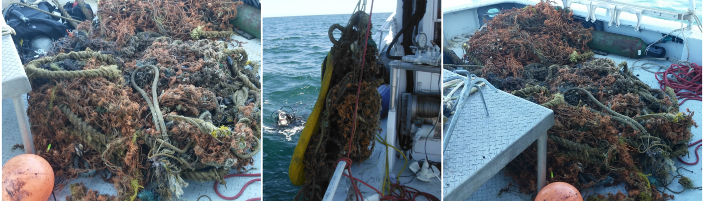 Photos of a derelict net on a boat.