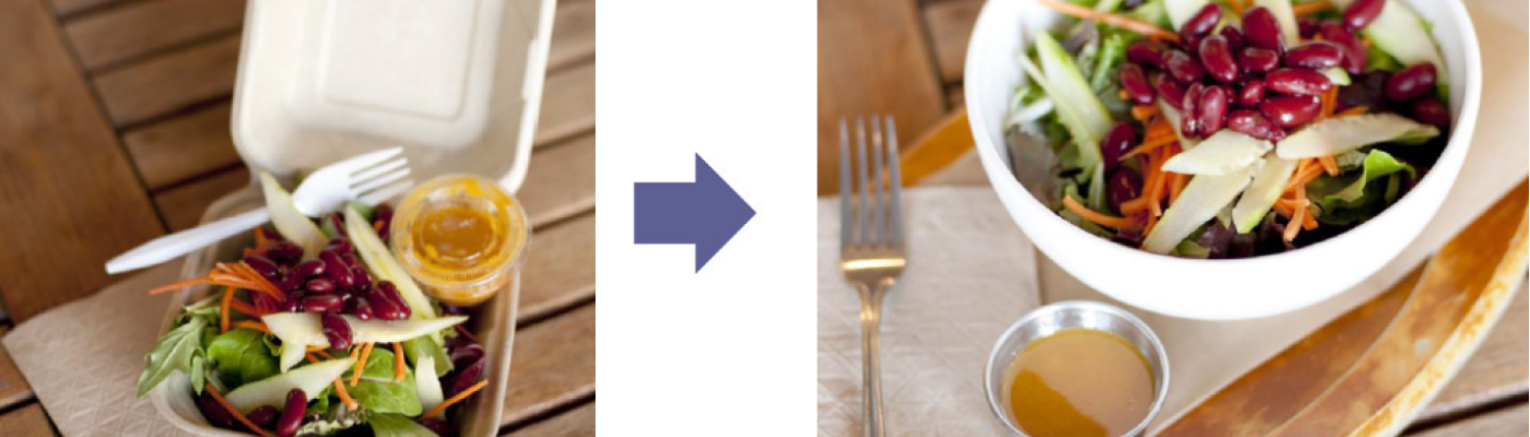 An image of a meal in disposable packaging and then the same meal in reusable containers.