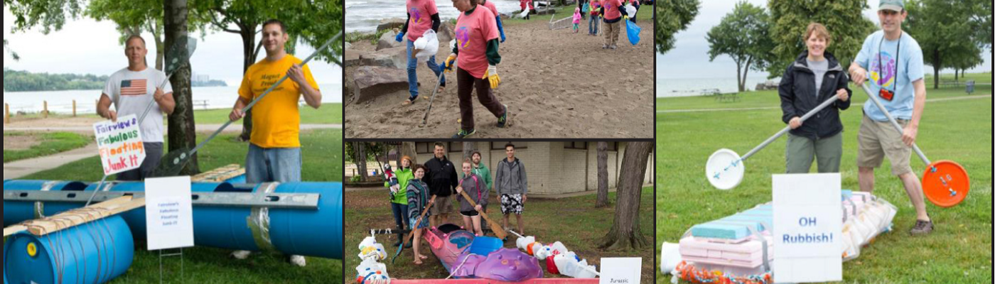 Volunteers clean up a beach and pose next to the boat they built from marine debris at the Great Lake Erie Boat Float in 2014 and 2015.
