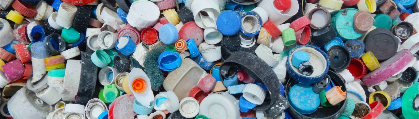Bottle caps and other plastic marine debris.