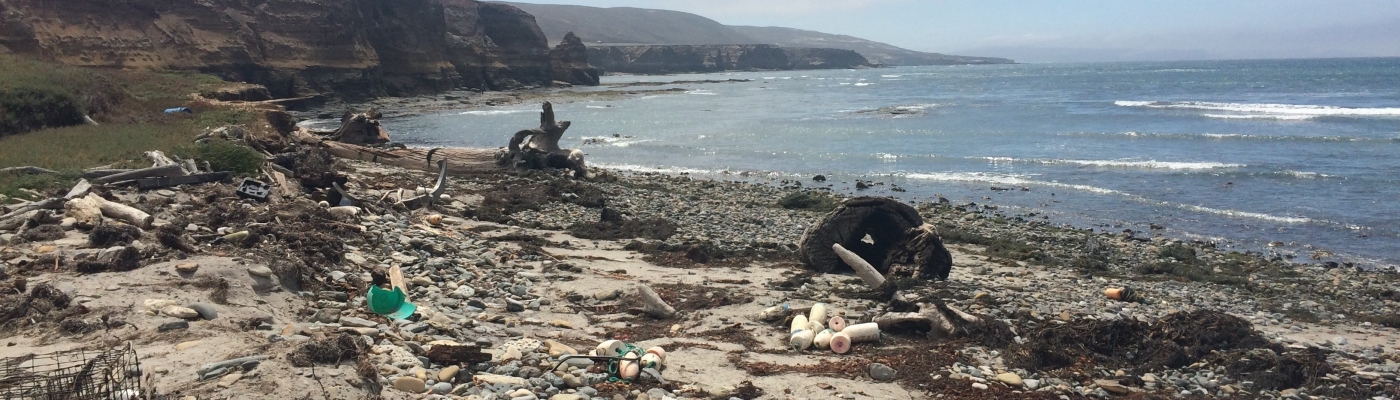 A rocky beach on Santa Rosa Island in California is littered with marine debris.