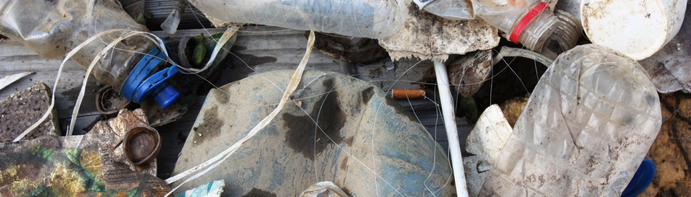 Plastic bottles, fishing line, cigarette butts, and other assorted marine debris.