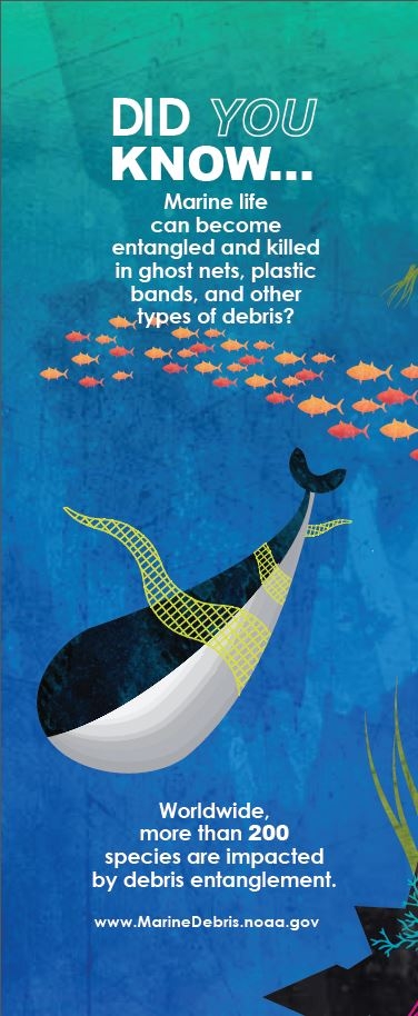 Image of the entanglement bookmark in the "Did You Know?" marine debris bookmark series.