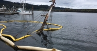 The mast of a sunken vessel protrudes out of the water at the Makah Marina in Neah Bay.