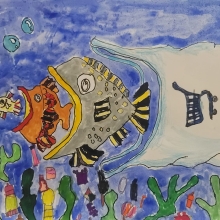 A drawing of a large, white plastic bag swallowing a fish, which is swallowing a smaller fish, which is swallowing a tiny fish, artwork by Geonryul P. (Grade 1, Commonwealth of the Northern Mariana Islands), winner of the Annual NOAA Marine Debris Program Art Contest. 
