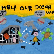 A painting of sea creatures playing a game of soccer with the scoreboard reading "Pollution 0, Ocean 100," under the text "Help Our Ocean Win," artwork by Brooke B. (Grade 1, Hawai'i), winner of the NOAA Marine Debris Program Art Contest.