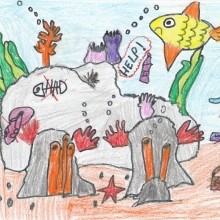 Artwork of a coral reef scene featuring debris amid creatures asking for "Help".