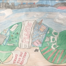 A colored pencil drawing where sea turtle lies on a beach surrounded by trash, with the ocean and city skyline in the background, artwork by Macayle L-P. (Grade 2, American Samoa), winner of the Annual NOAA Marine Debris Program Art Contest. 