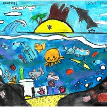 A colorful underwater scene of sea creatures amid marine debris under text that reads "Stop Polluting! Start Reusing!" Artwork Kai R. (Grade 2, Hawai'i), winner of the NOAA Marine Debris Program Art Contest.