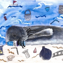 A watercolor painting where a grey seal lies on a beach that is littered with trash, resting its head on a plastic bottle, the blue ocean in the background is also filled with trash items, artwork by Aria H. (Grade 2, Virginia), winner of the Annual NOAA Marine Debris Program Art Contest.