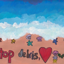 Artwork of a sandy beach with debris and seashells spelling out "Stop Debris, [love] Me".