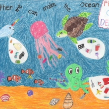 Artwork of sea creatures collecting marine debris, with text that reads "Together we can make the ocean Free of Debris".
